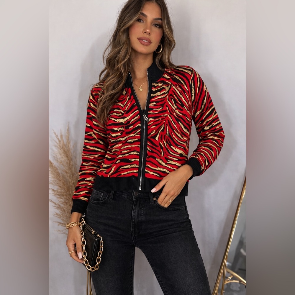 Fontana Red Tiger Print Zip Sweater Gold Metallic Animal Print Jacket L